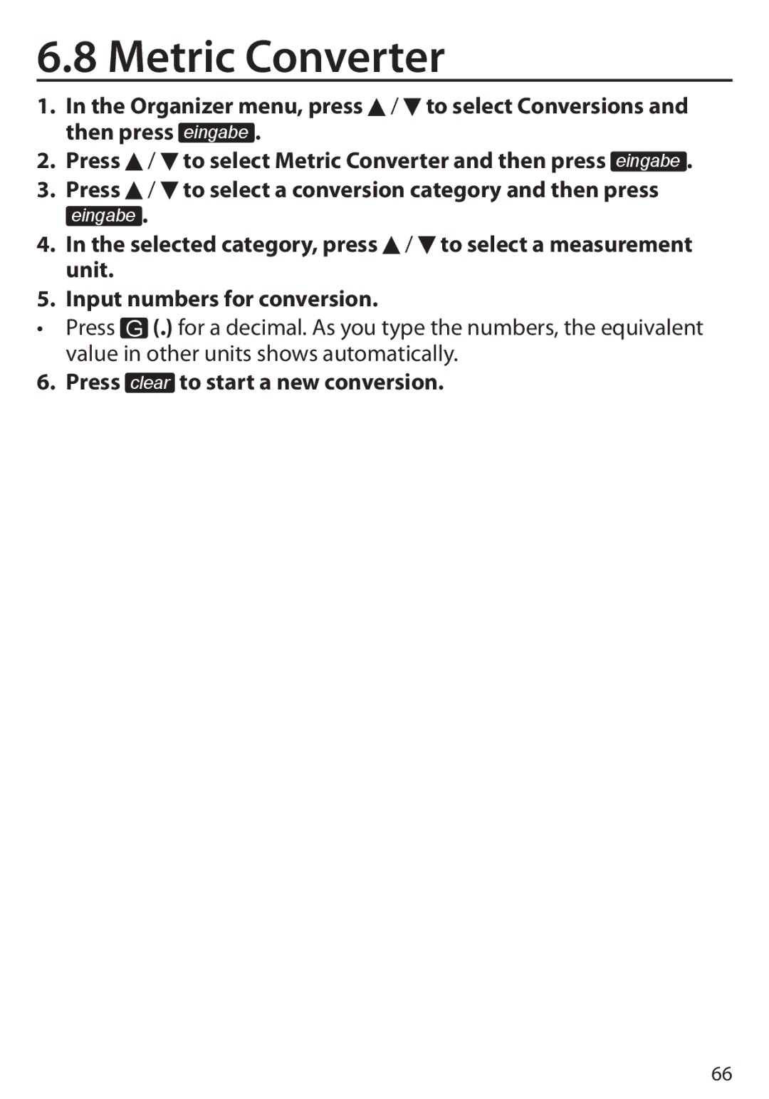 Franklin BDS-6100, Language Master Language Learning Library manual Metric Converter, Press clear to start a new conversion 