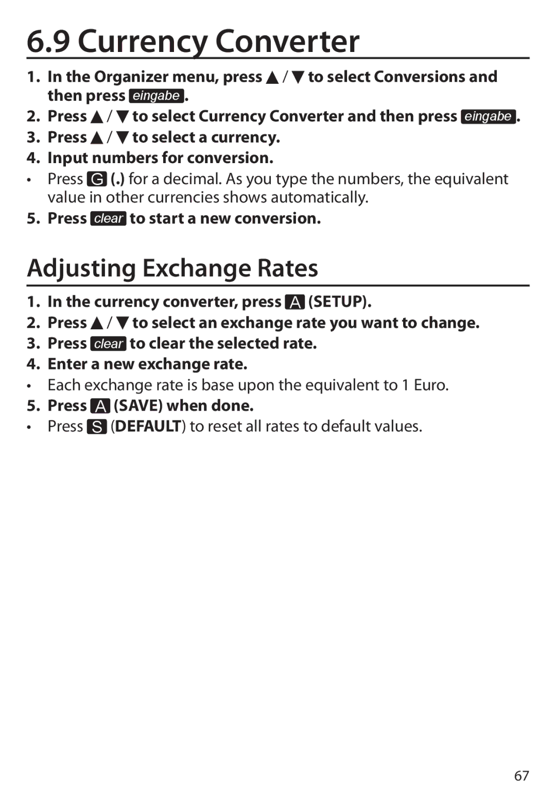 Franklin Language Master Language Learning Library, BDS-6100 manual Currency Converter, Adjusting Exchange Rates 