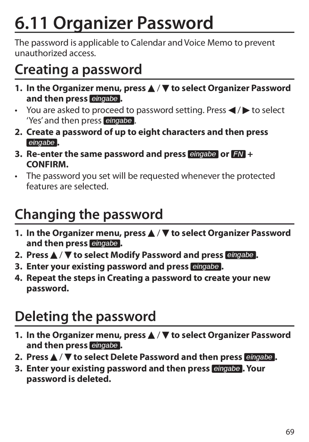 Franklin Language Master Language Learning Library manual Organizer Password, Creating a password, Changing the password 