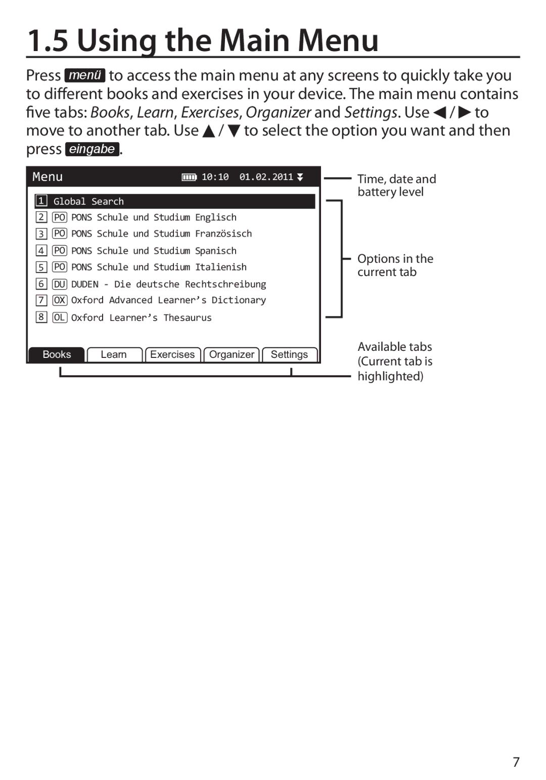 Franklin Language Master Language Learning Library, BDS-6100 manual Using the Main Menu 