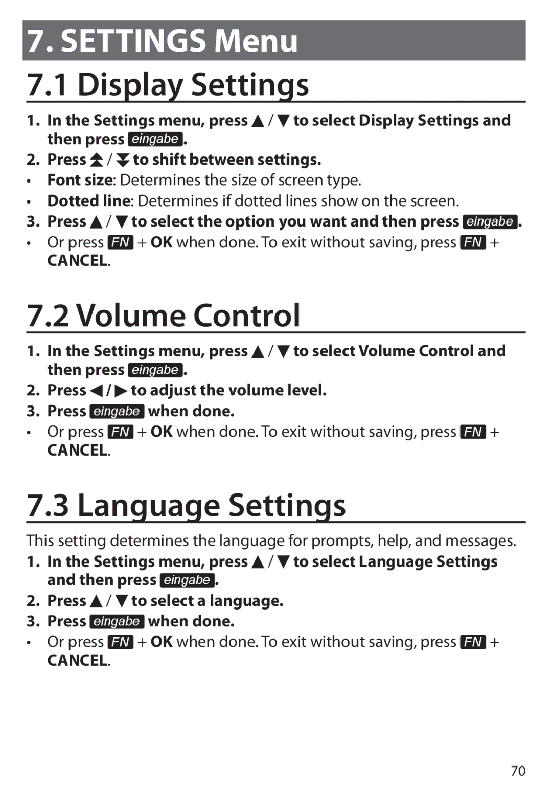 Franklin BDS-6100, Language Master Language Learning Library manual Volume Control, Language Settings 