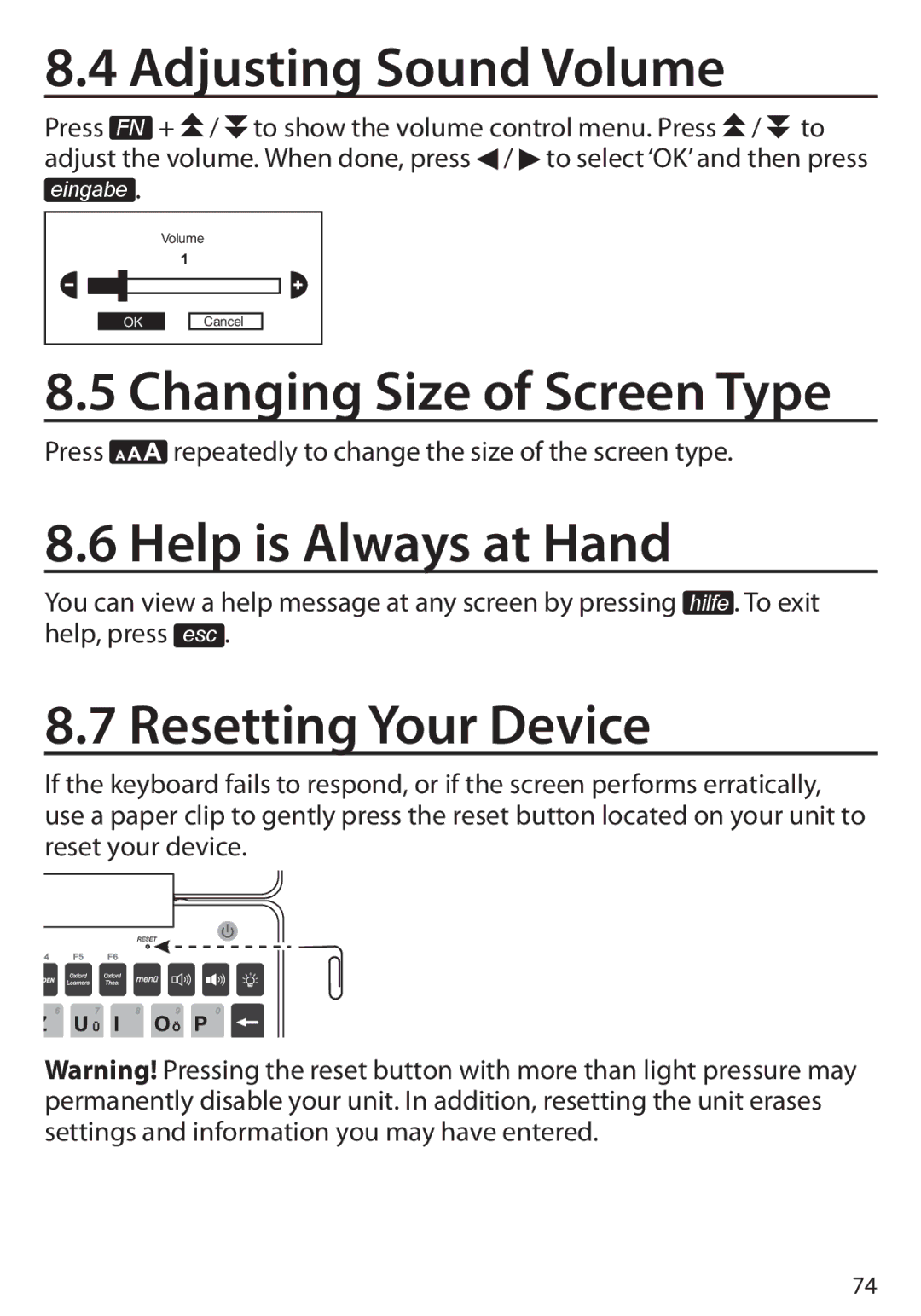 Franklin BDS-6100 manual Adjusting Sound Volume, Help is Always at Hand, Resetting Your Device 