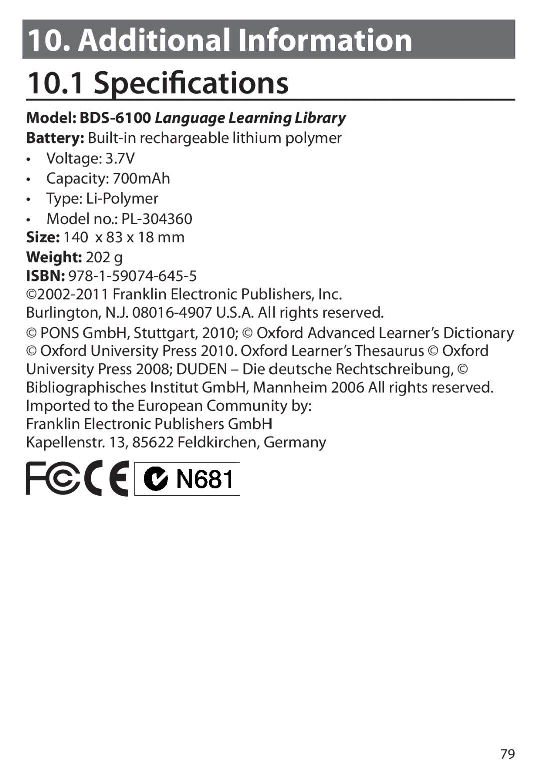 Franklin Language Master Language Learning Library, BDS-6100 manual Additional Information 10.1 Specifications, Weight 202 g 