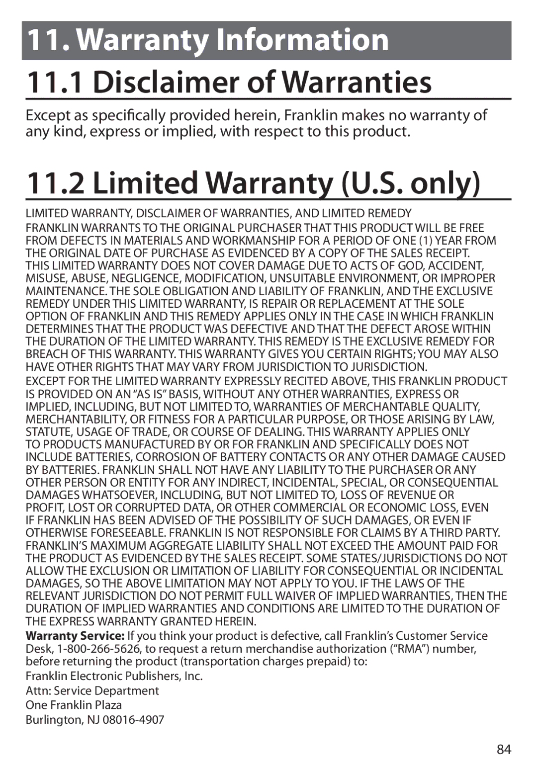 Franklin BDS-6100 manual Limited Warranty U.S. only, Warranty Information 11.1 Disclaimer of Warranties 