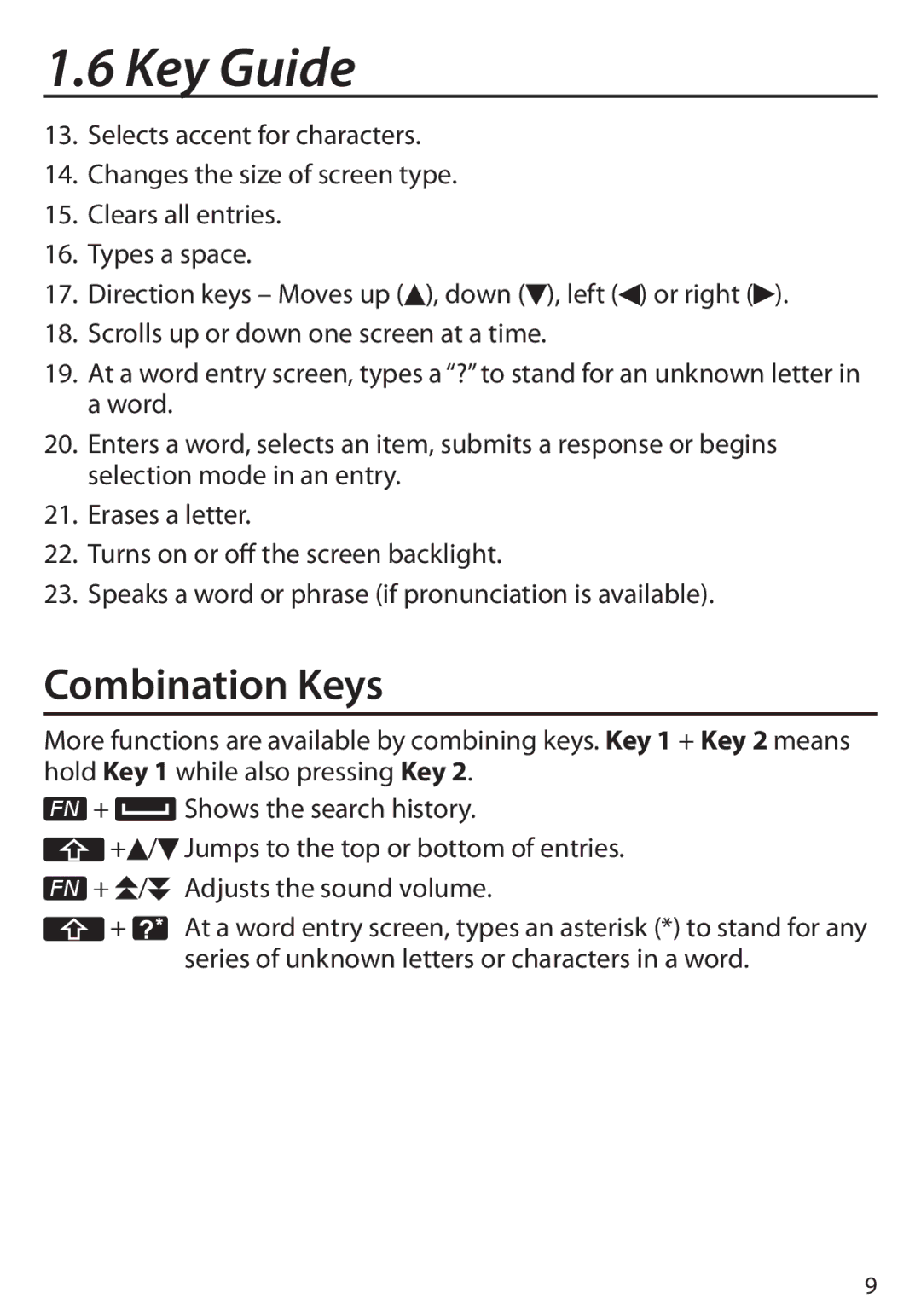 Franklin Language Master Language Learning Library, BDS-6100 manual Key Guide, Combination Keys 