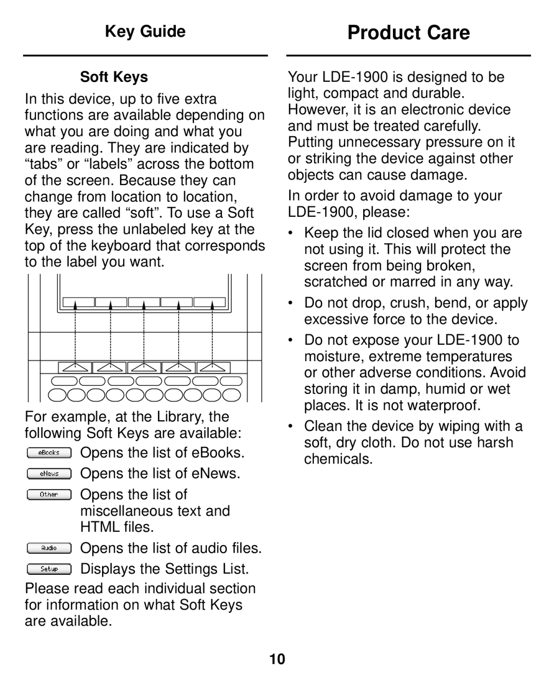 Franklin LDE-1900 manual Product Care, Soft Keys 