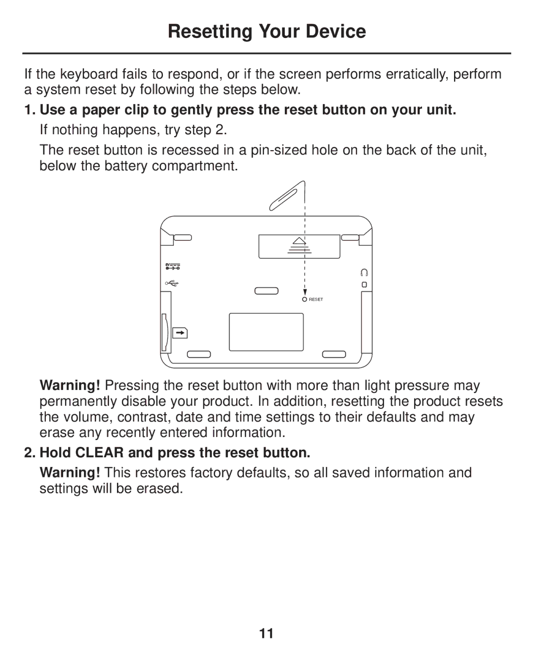 Franklin LDE-1900 manual Resetting Your Device, Hold Clear and press the reset button 