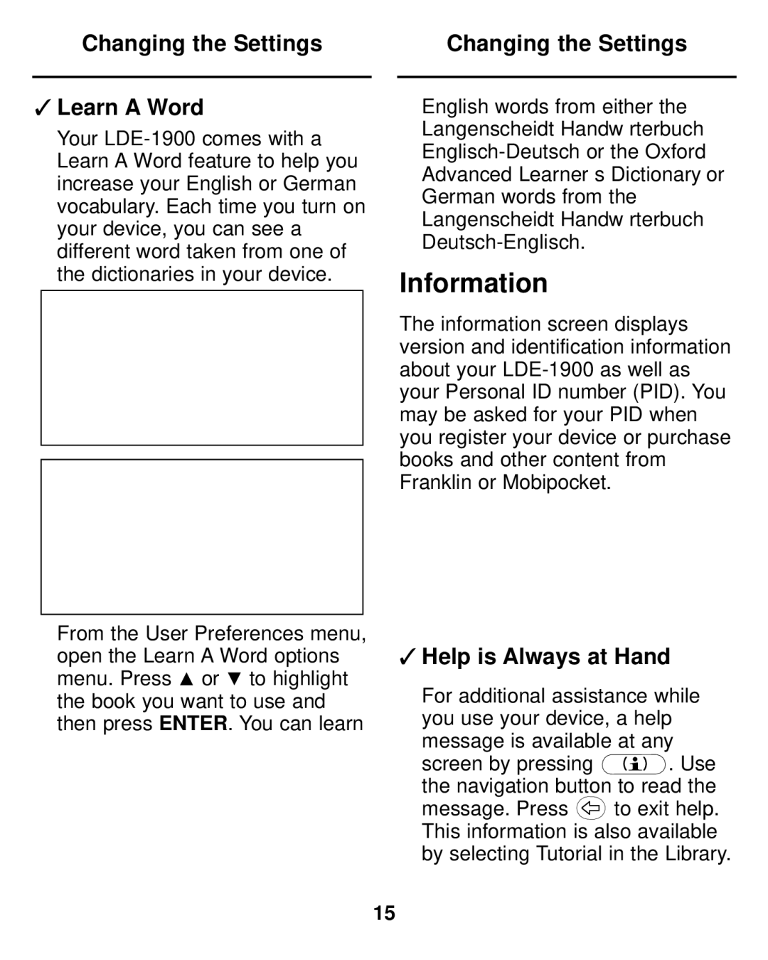 Franklin LDE-1900 manual Information, Changing the Settings Learn a Word, Help is Always at Hand 