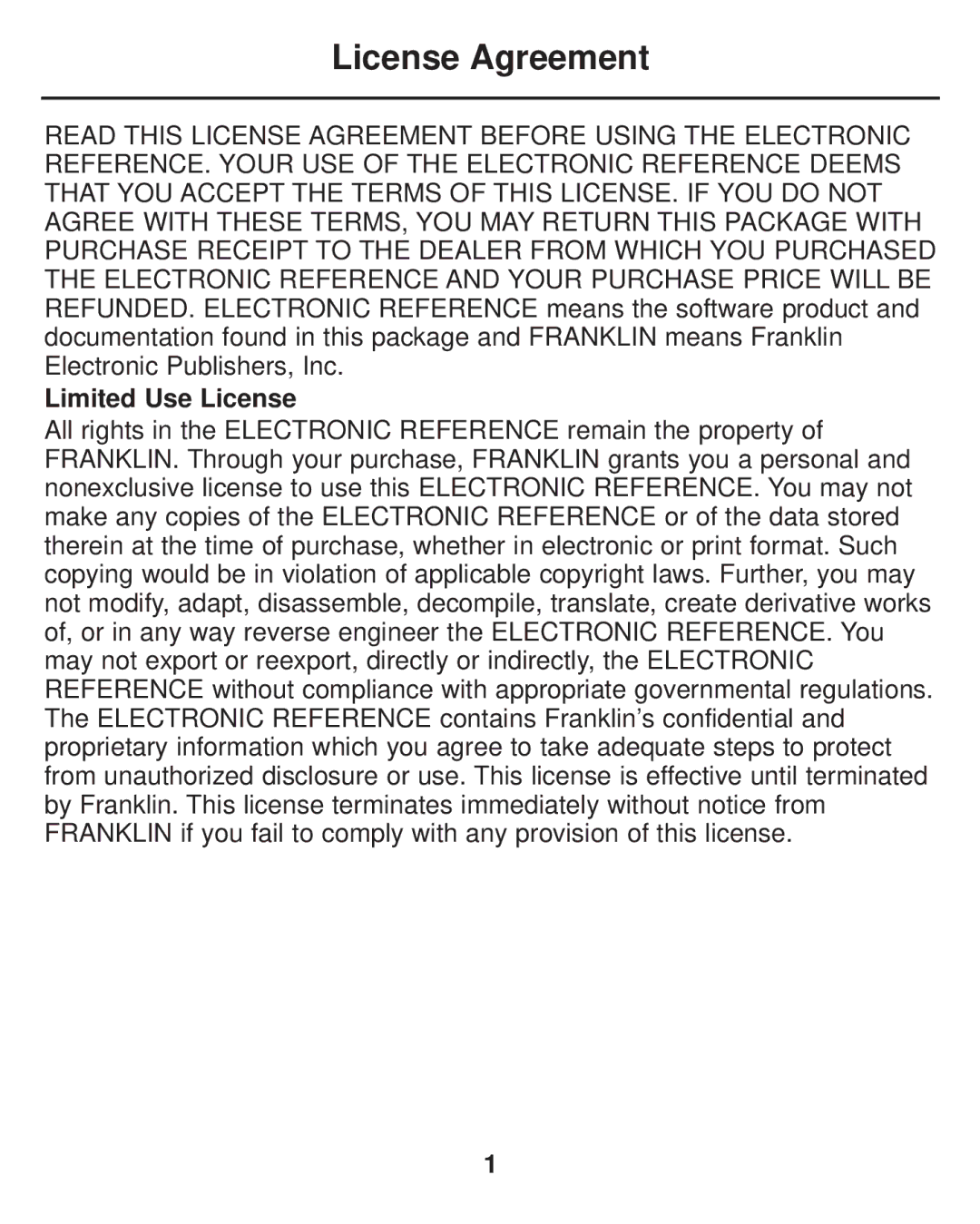 Franklin LDE-1900 manual License Agreement, Limited Use License 