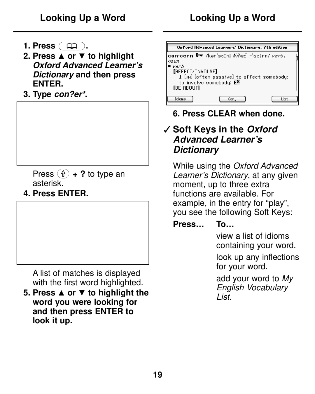 Franklin LDE-1900 manual Soft Keys in the Oxford Advanced Learner’s Dictionary, Press Enter 