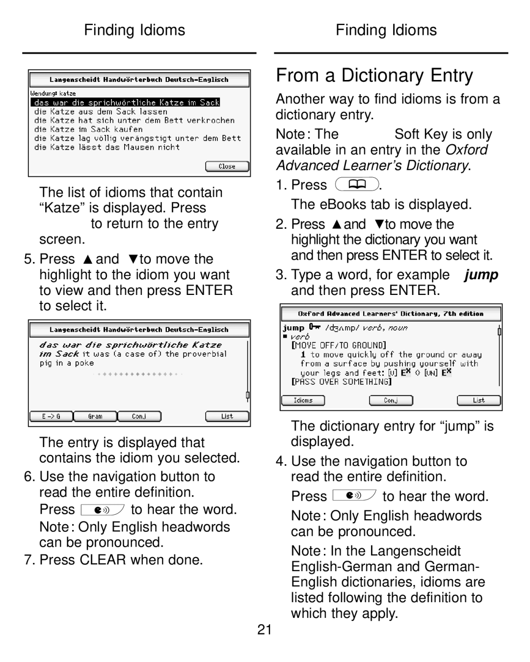 Franklin LDE-1900 manual From a Dictionary Entry, Finding Idioms, Type a word, for example jump and then press Enter 