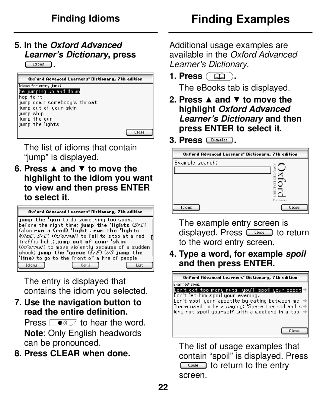 Franklin LDE-1900 manual Finding Examples, Type a word, for example spoil and then press Enter 