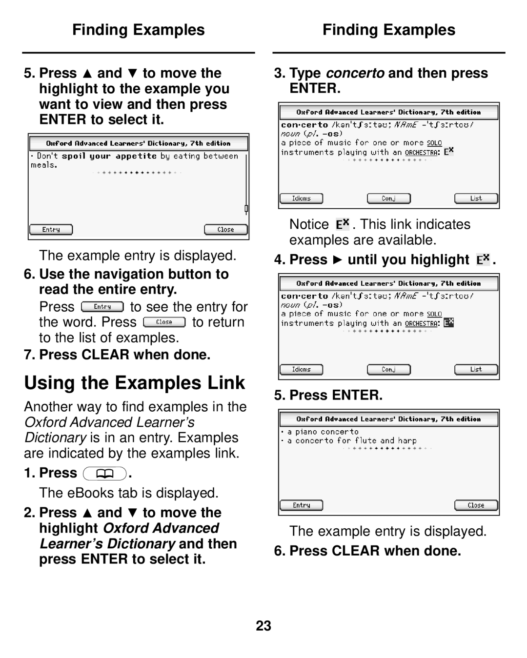 Franklin LDE-1900 manual Using the Examples Link, Finding Examples, Use the navigation button to read the entire entry 