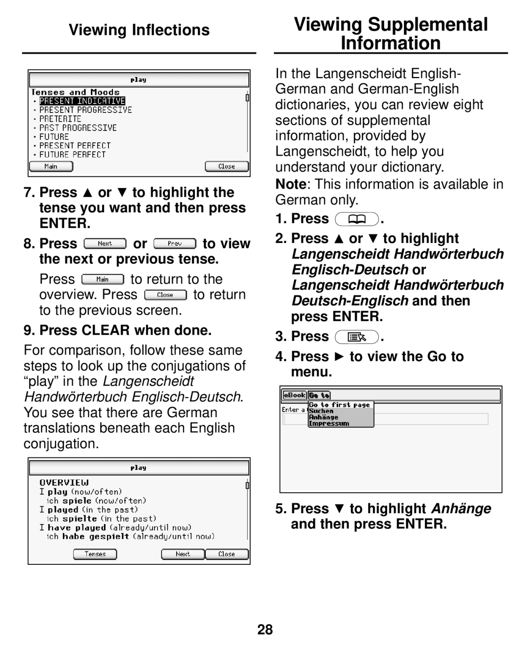 Franklin LDE-1900 manual Viewing Supplemental Information, Press or to highlight the tense you want and then press 