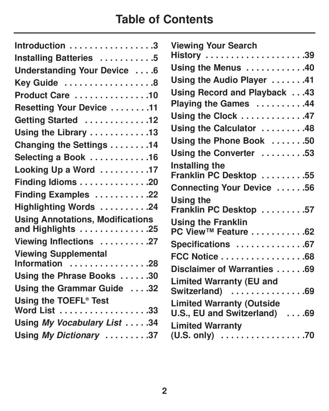 Franklin LDE-1900 manual Table of Contents 