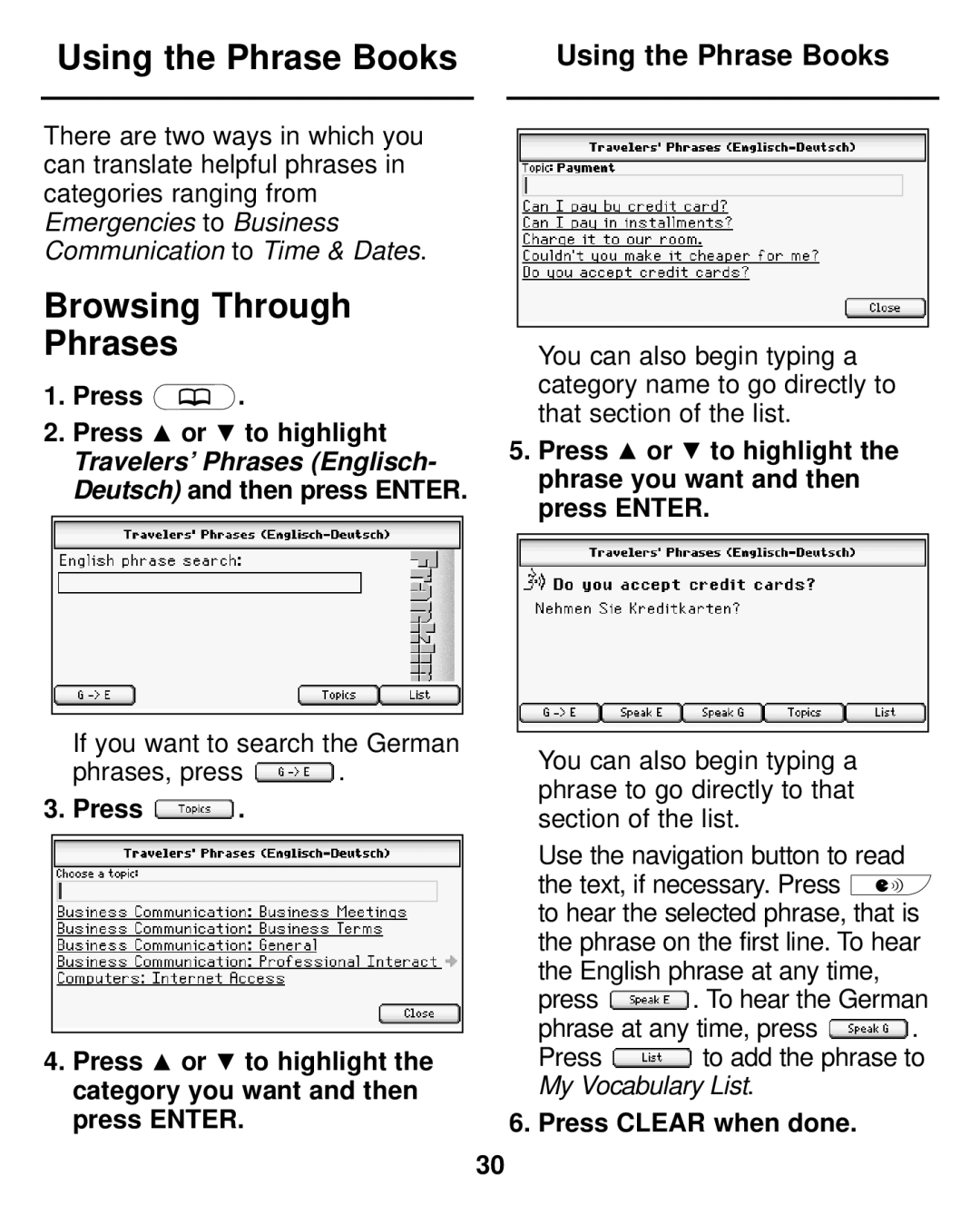 Franklin LDE-1900 manual Using the Phrase Books, Browsing Through Phrases 