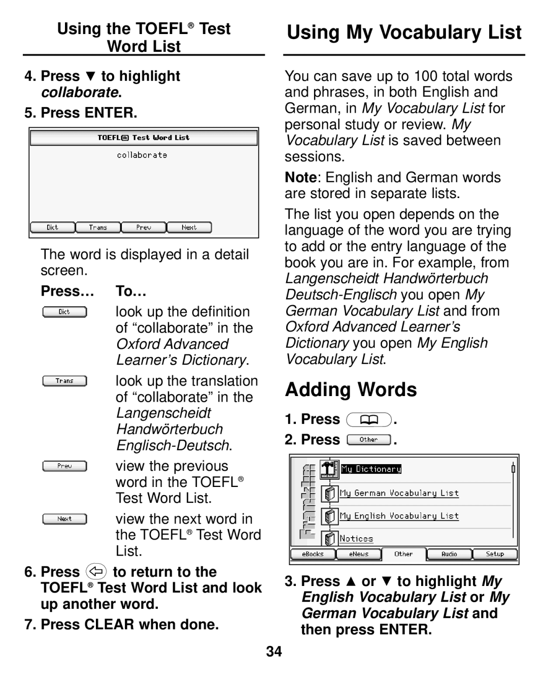 Franklin LDE-1900 manual Using My Vocabulary List, Adding Words, Using the Toefl Test Word List 