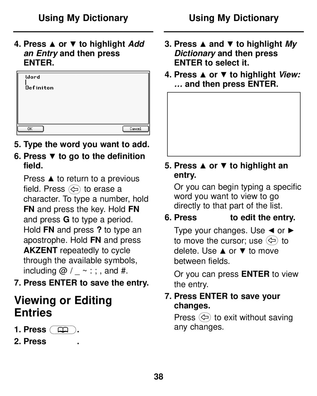 Franklin LDE-1900 manual Viewing or Editing Entries, Using My Dictionary 