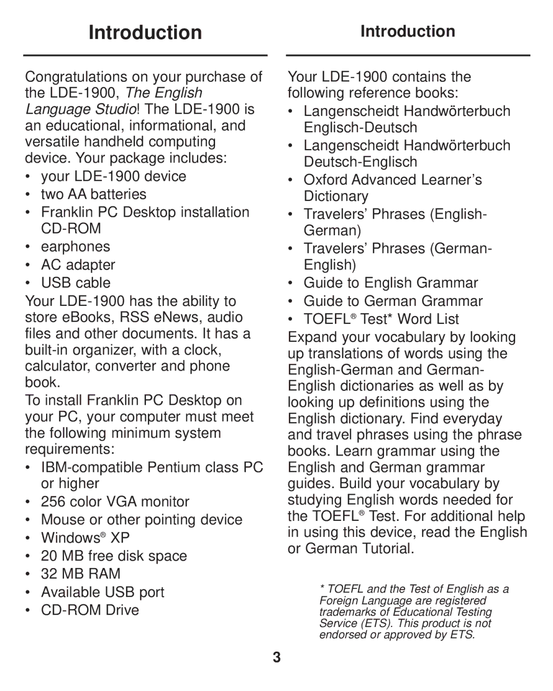 Franklin LDE-1900 manual IntroductionIntroduction, Cd-Rom 