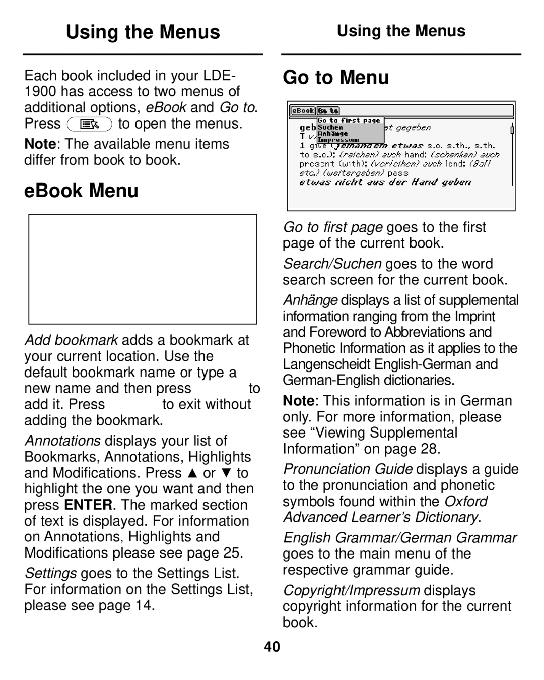 Franklin LDE-1900 manual Using the Menus, Go to Menu, EBook Menu 