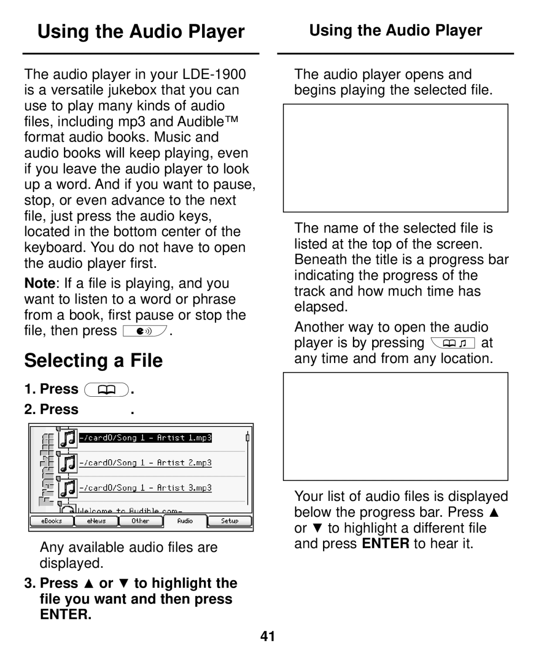 Franklin LDE-1900 manual Using the Audio Player, Selecting a File, Press or to highlight the file you want and then press 