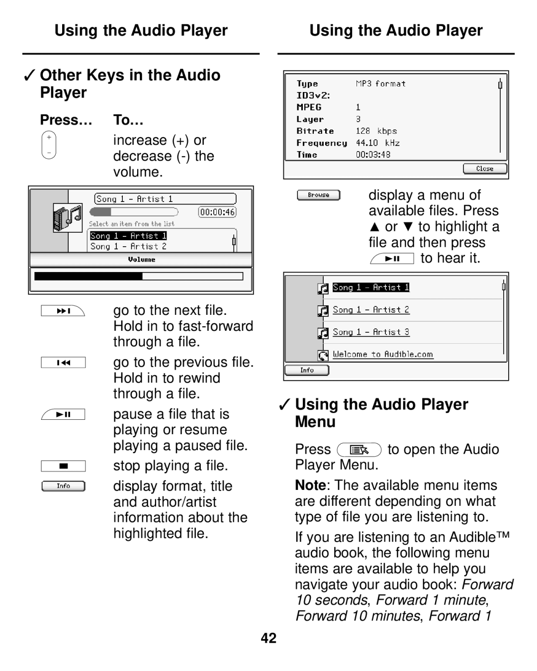 Franklin LDE-1900 manual Using the Audio Player Other Keys in the Audio Player, Using the Audio Player Menu 