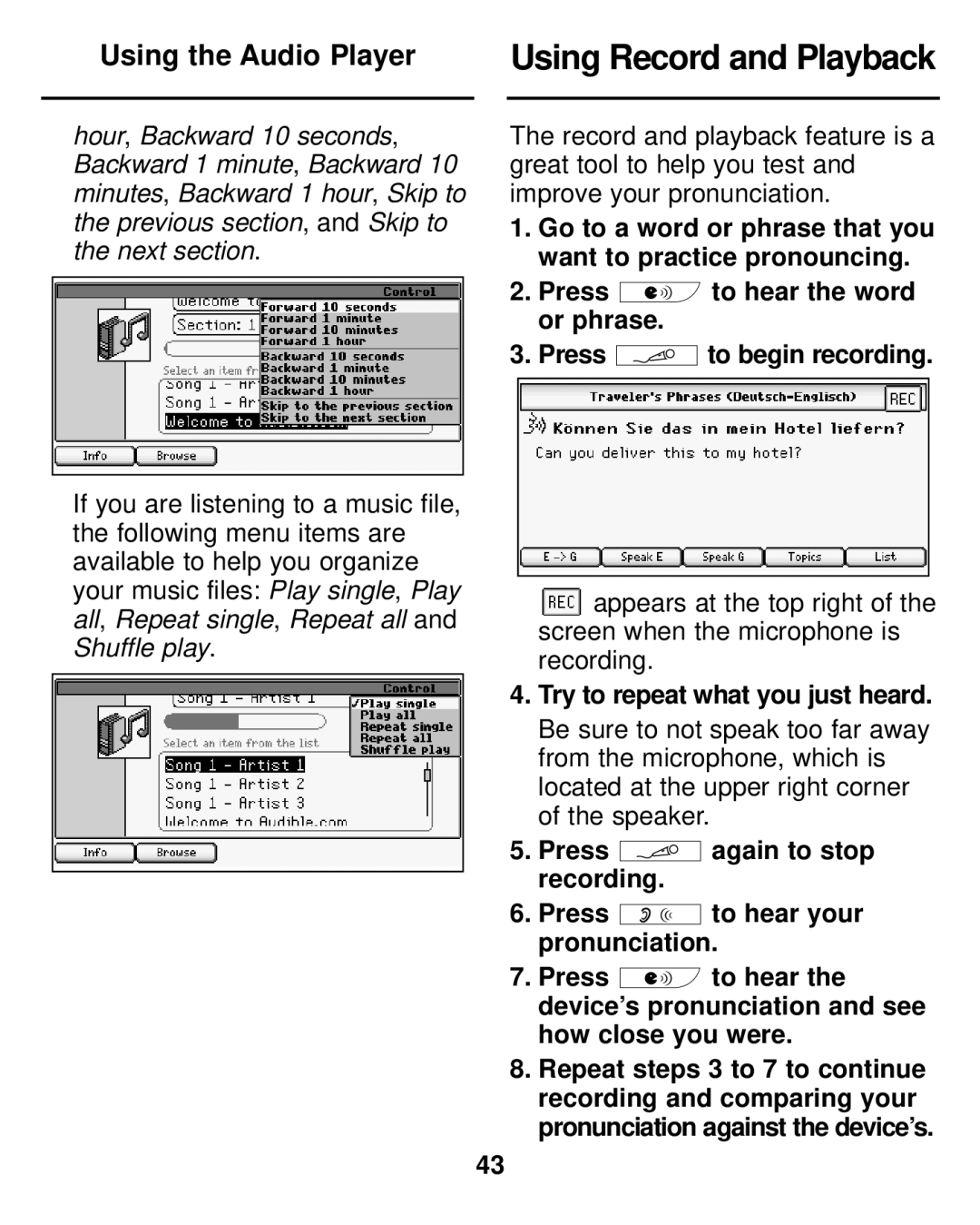 Franklin LDE-1900 manual Using Record and Playback, Try to repeat what you just heard 