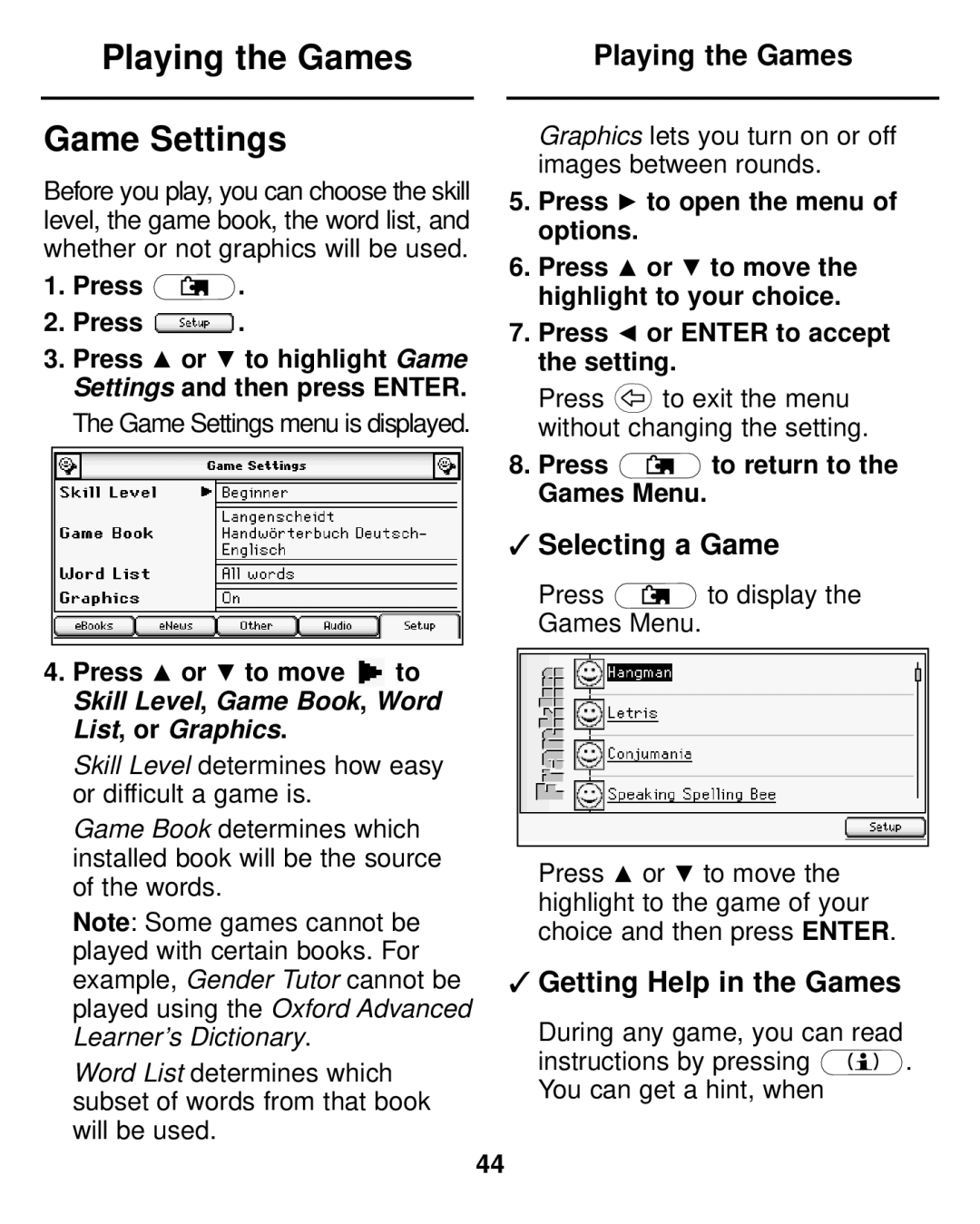 Franklin LDE-1900 manual Playing the Games Game Settings, Selecting a Game, Getting Help in the Games 