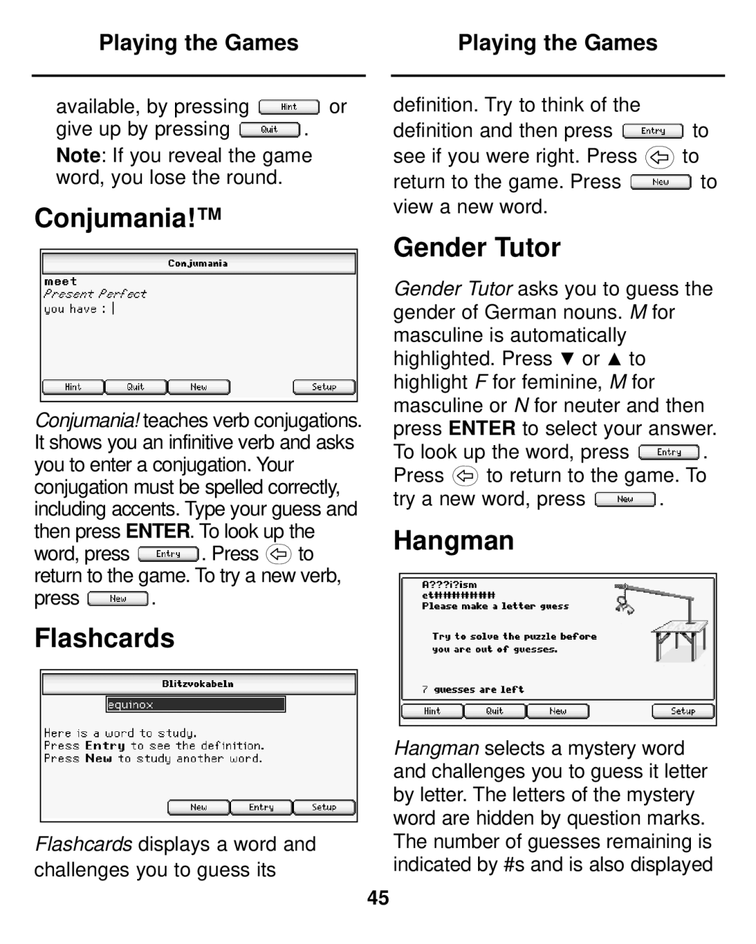 Franklin LDE-1900 manual Conjumania, Flashcards, Gender Tutor, Hangman 