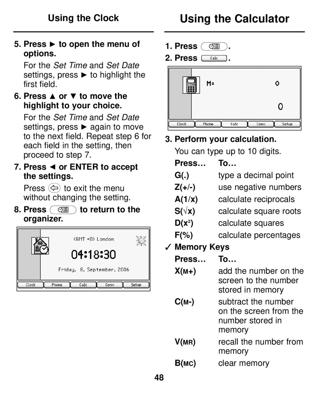 Franklin LDE-1900 manual Using the Calculator, Press to open the menu of options, Press or Enter to accept the settings 