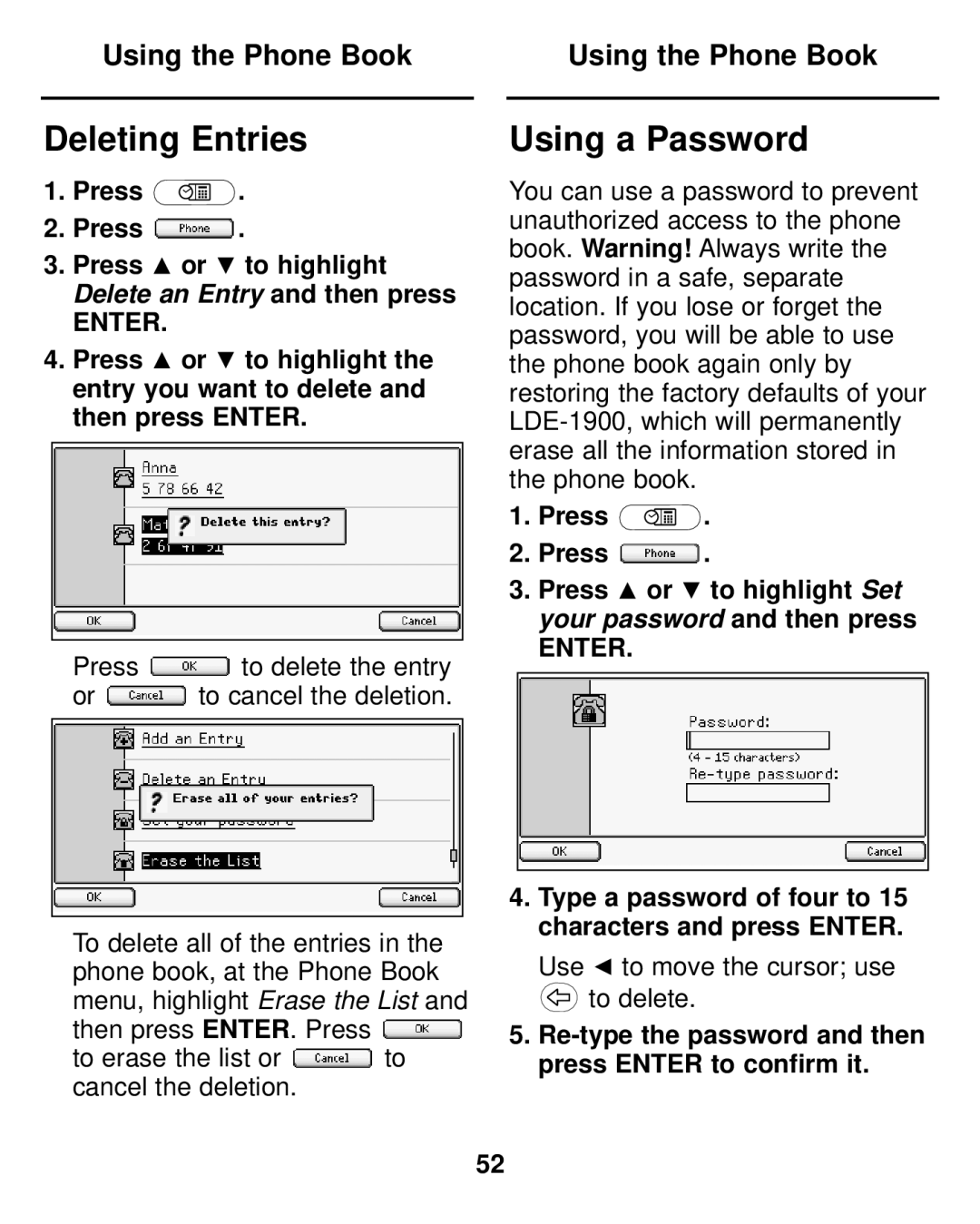 Franklin LDE-1900 manual Using a Password, Press Press or to highlight Delete an Entry and then press 