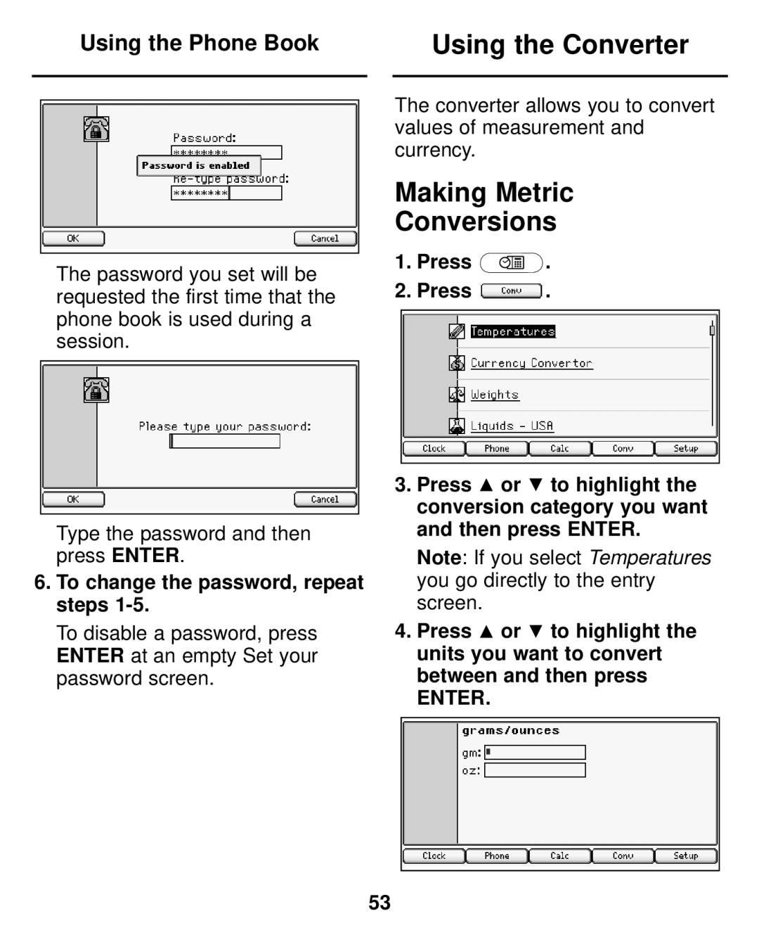 Franklin LDE-1900 manual Using the Converter, Making Metric Conversions, To change the password, repeat steps 