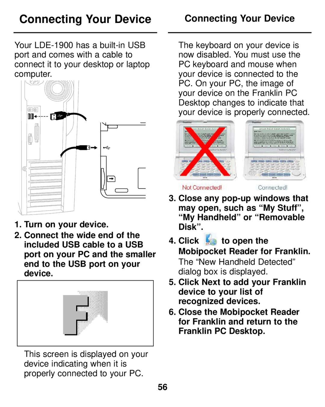 Franklin LDE-1900 manual Connecting Your Device 