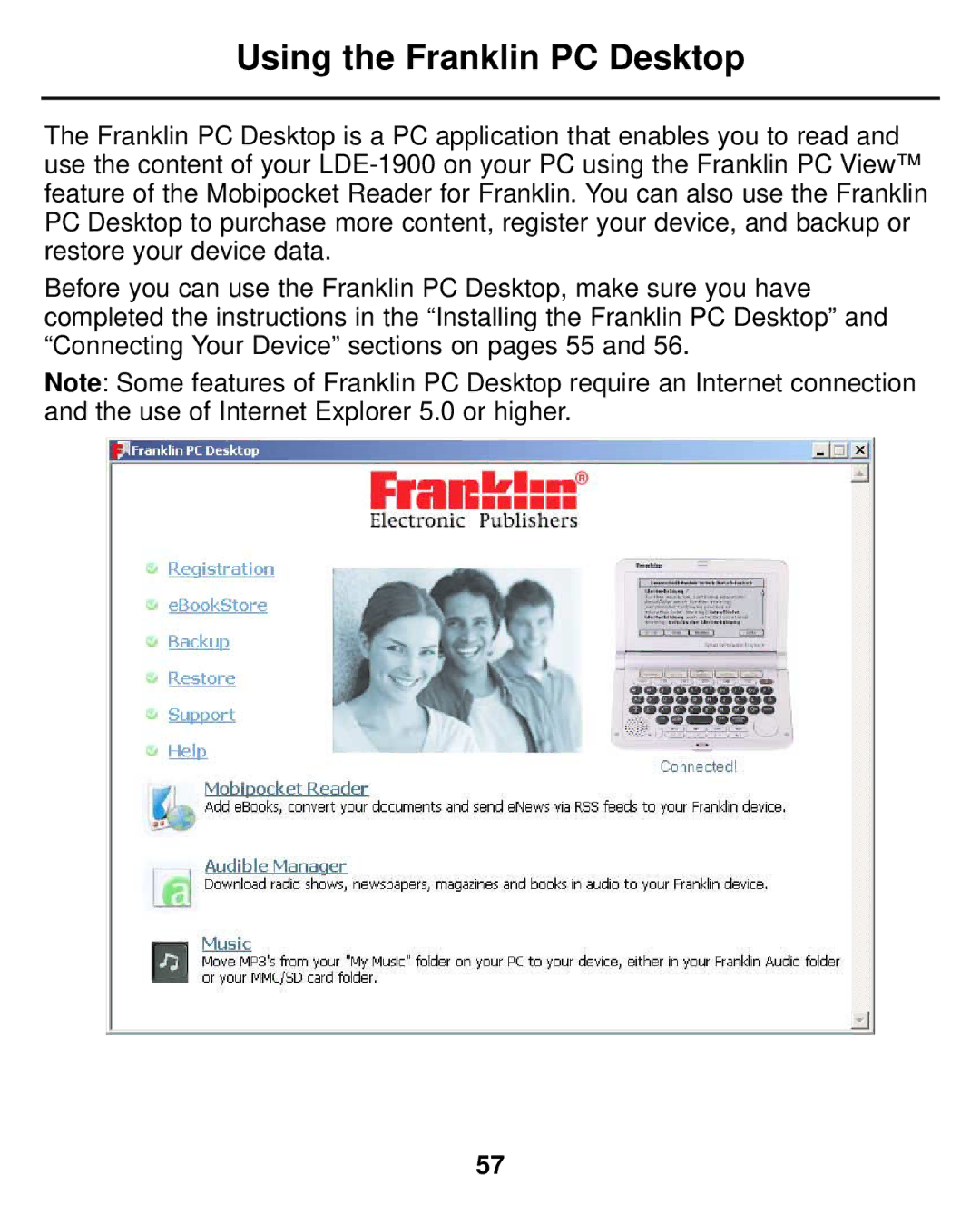 Franklin LDE-1900 manual Using the Franklin PC Desktop 