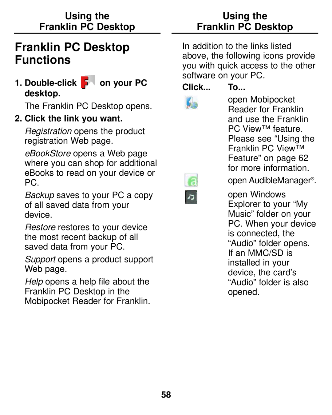 Franklin LDE-1900 Franklin PC Desktop Functions, Using Franklin PC Desktop, Double-click on your PC desktop, Click... To 