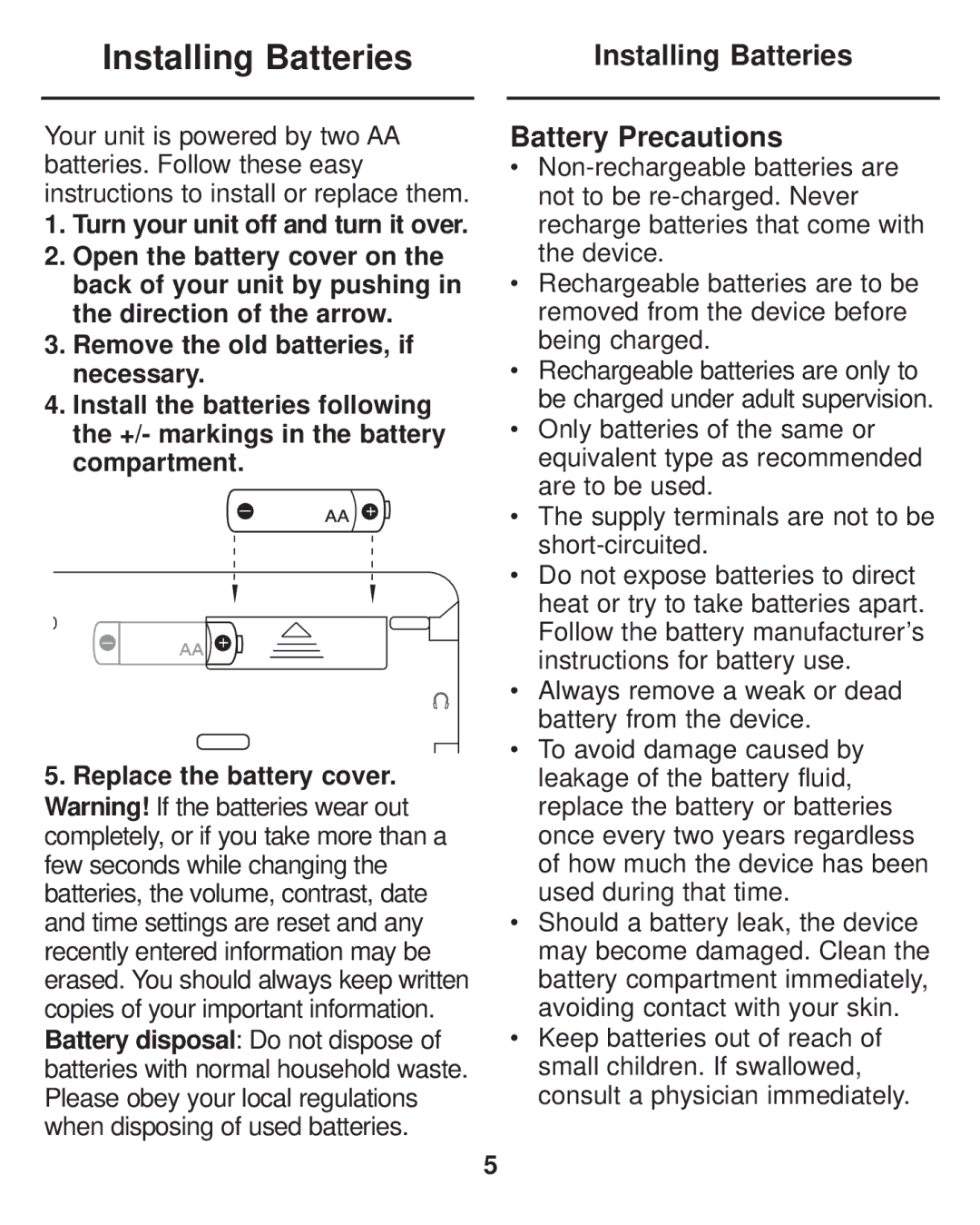 Franklin LDE-1900 manual Installing Batteries Battery Precautions 