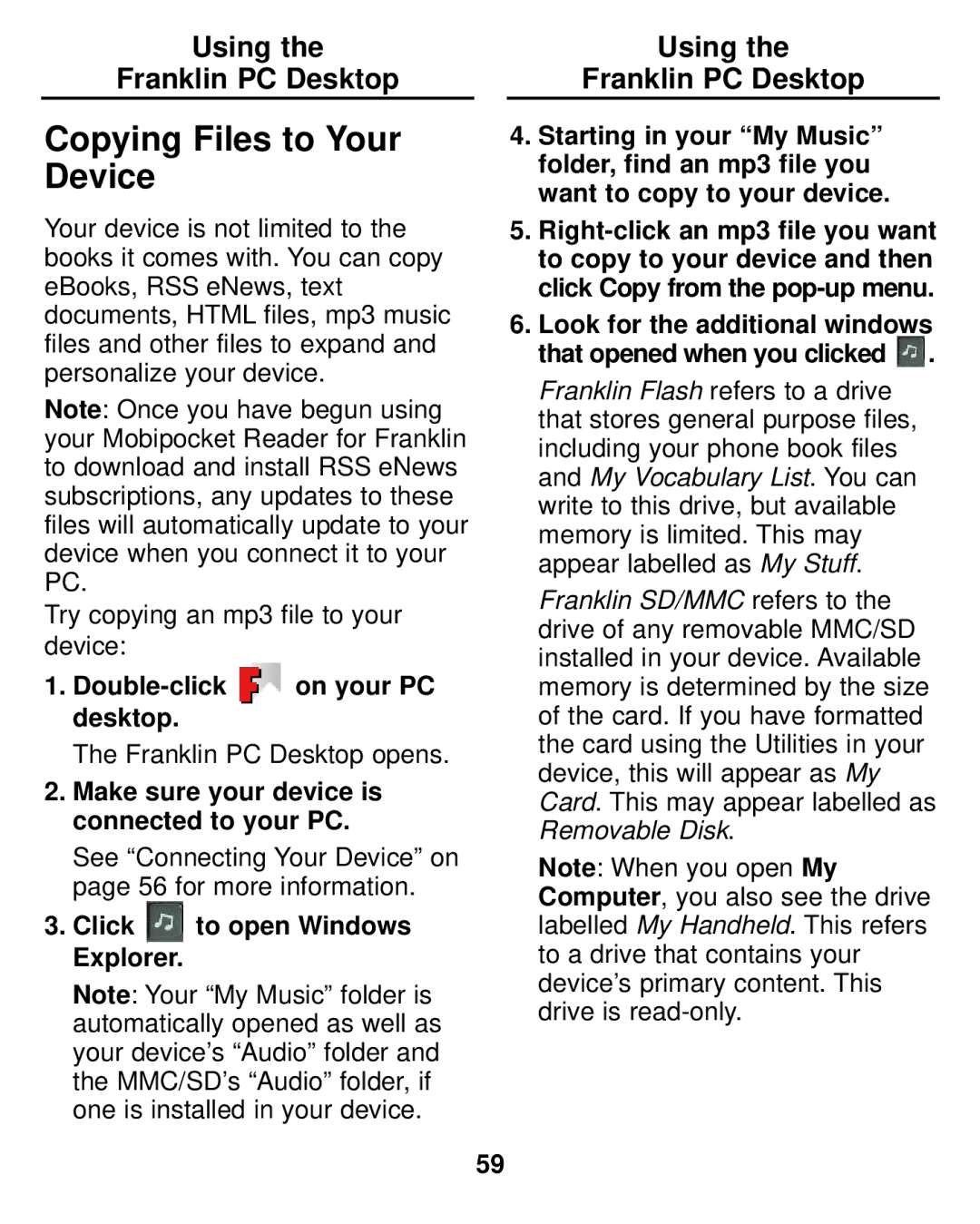 Franklin LDE-1900 manual Copying Files to Your Device, Make sure your device is connected to your PC 