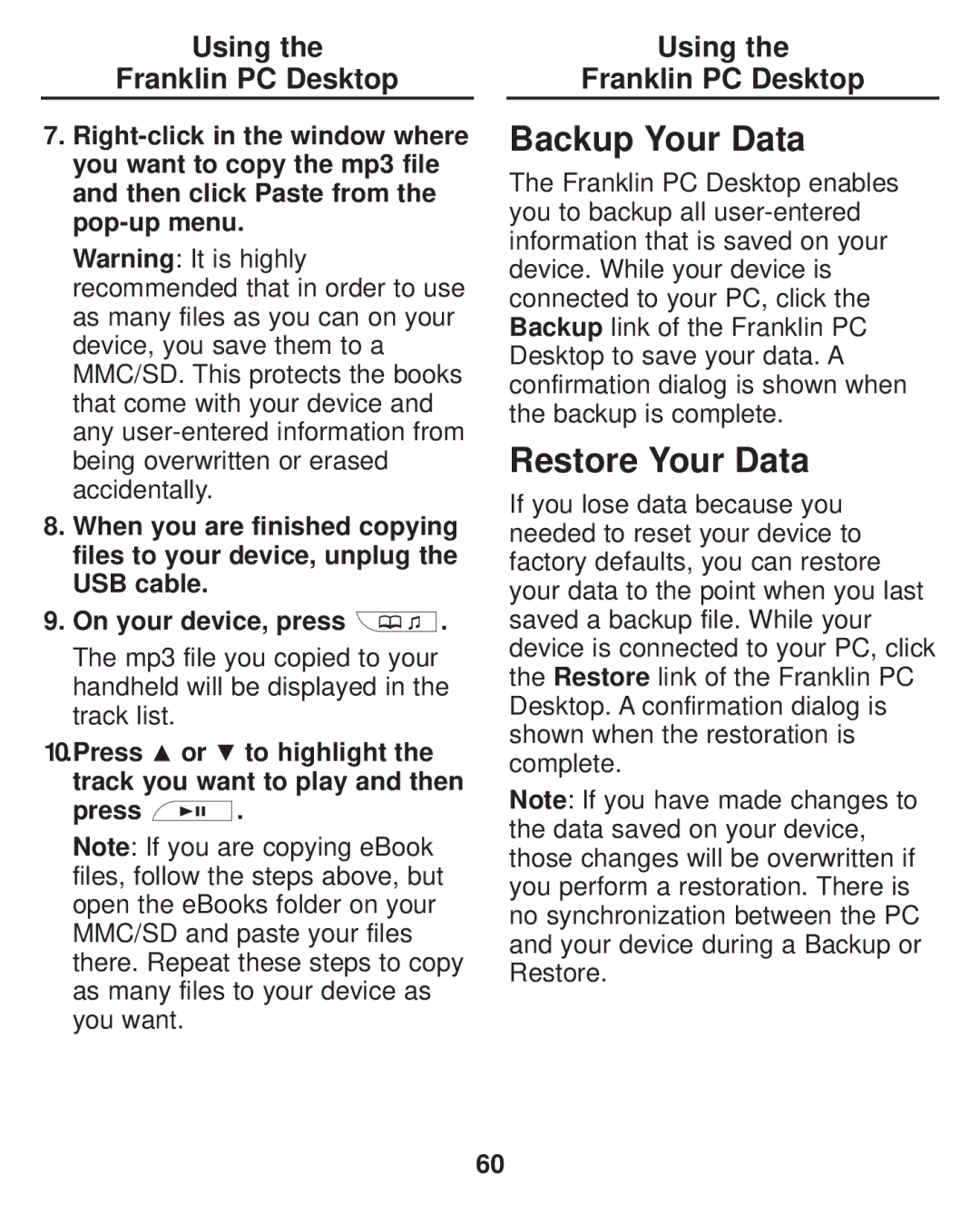 Franklin LDE-1900 manual Backup Your Data, Restore Your Data 