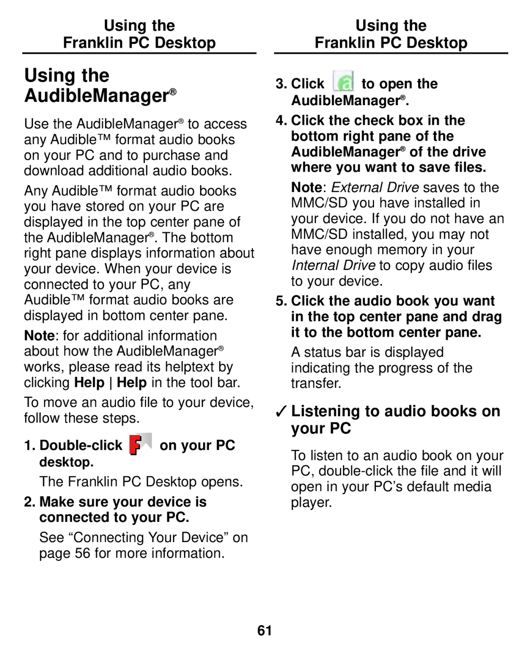 Franklin LDE-1900 manual Using AudibleManager, Listening to audio books on your PC 