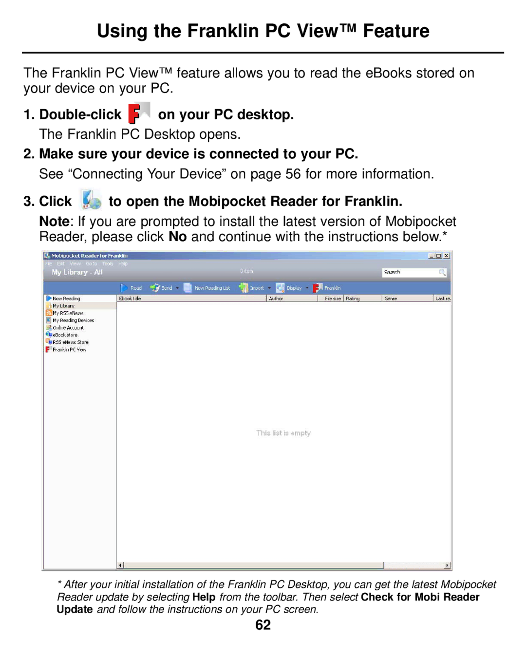 Franklin LDE-1900 manual Using the Franklin PC View Feature, Click to open the Mobipocket Reader for Franklin 