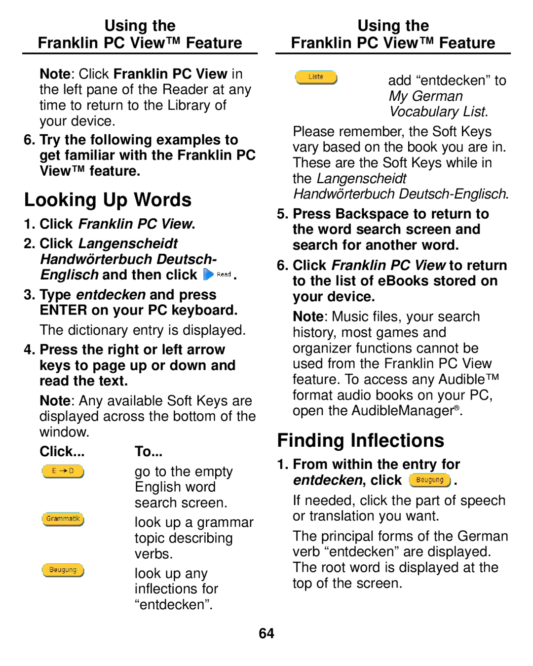 Franklin LDE-1900 manual Looking Up Words, Finding Inflections, Using Franklin PC View Feature 