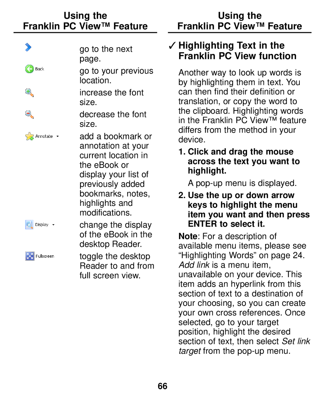 Franklin LDE-1900 manual Pop-up menu is displayed 