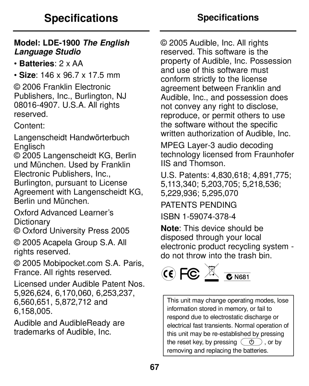 Franklin manual SpecificationsSpecifications, Model LDE-1900 The English, Batteries 2 x AA 