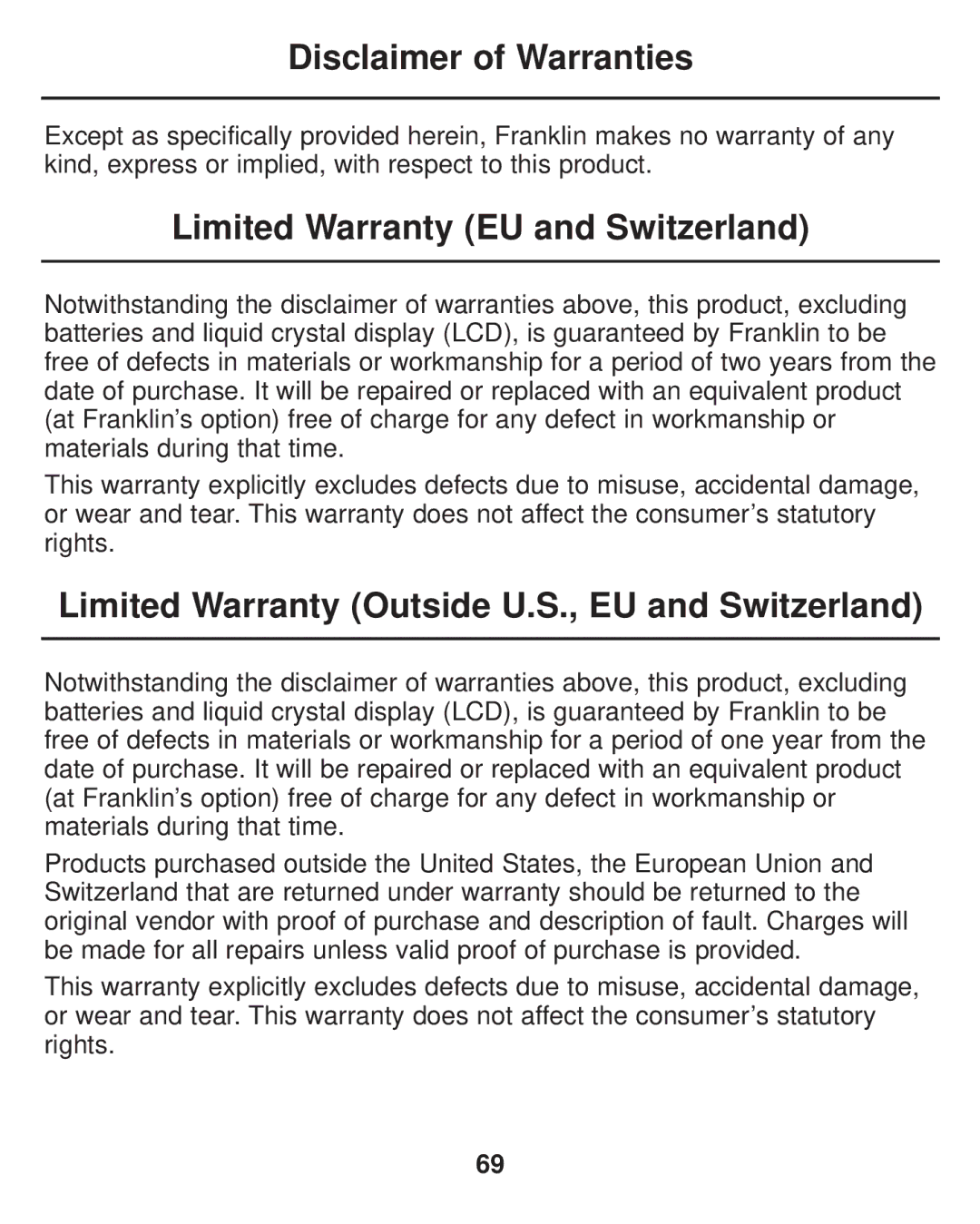 Franklin LDE-1900 manual Disclaimer of Warranties, Limited Warranty EU and Switzerland 