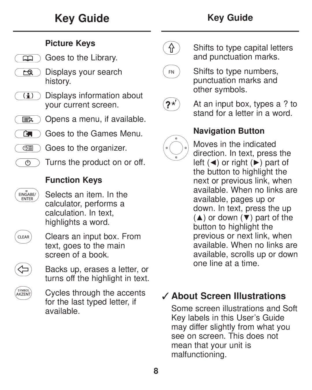 Franklin LDE-1900 manual Key Guide, About Screen Illustrations 