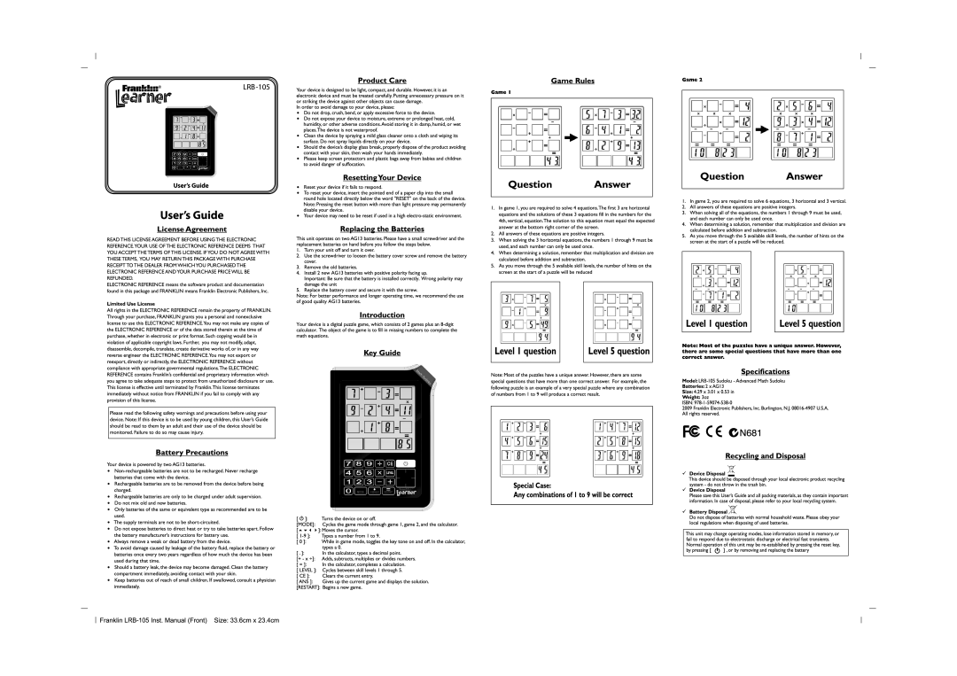 Franklin LRB-105 manual 