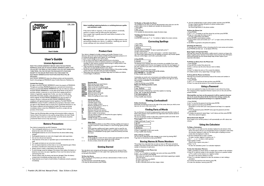 Franklin LRL-200 manual 