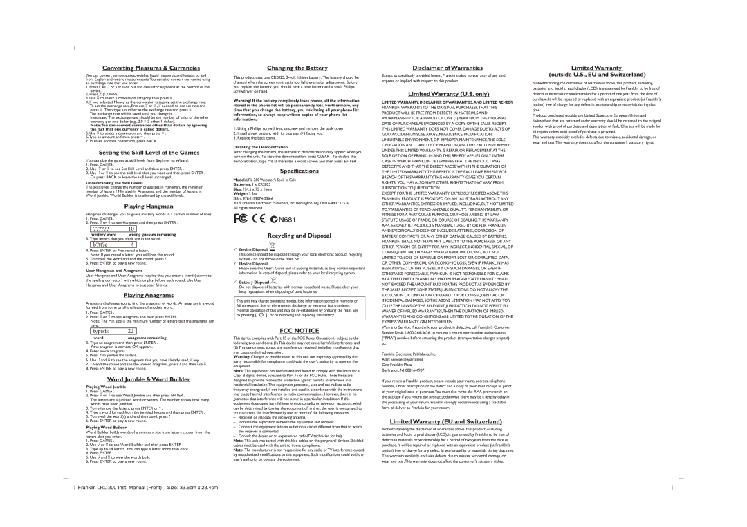 Franklin LRL-200 manual 