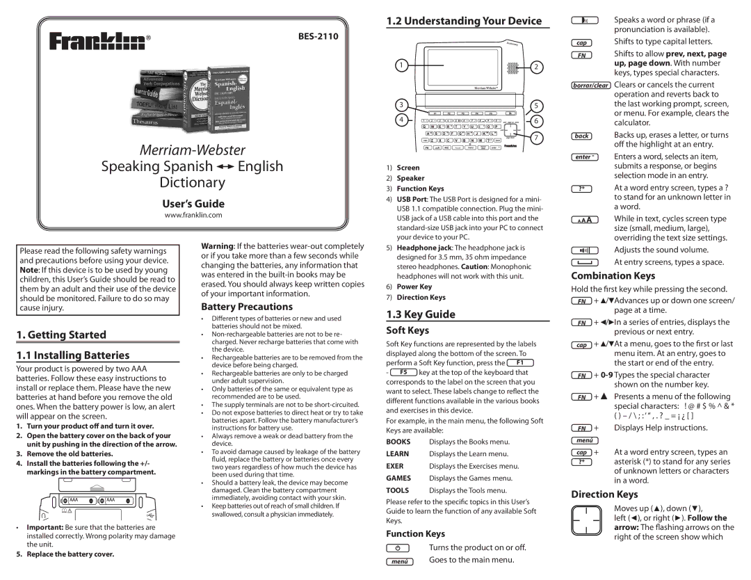 Franklin Merriam-Webster Speaking Spanish - English Dictionary manual Understanding Your Device, User’s Guide, Key Guide 