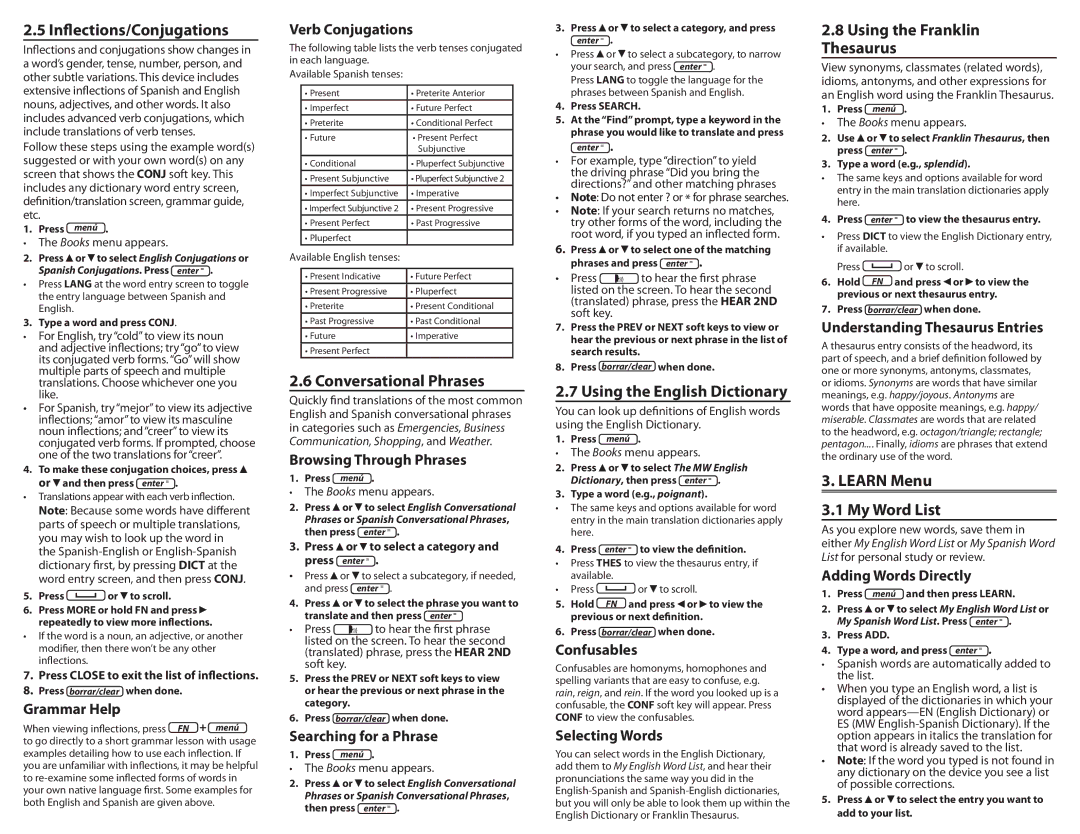 Franklin Merriam-Webster Speaking Spanish - English Dictionary, BES-2110 Inflections/Conjugations, Conversational Phrases 